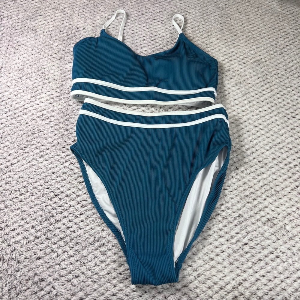 BMJL Women Teal Ribbed High Waisted Bikini Set White Trim Adjustable Strap Small